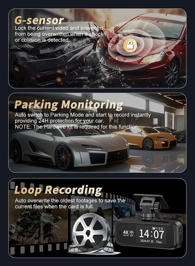 Makrystorm 4K Dash Cam For Car 3840*2160P Dual Lens Support 1080P Rear Camera,G-Sensor, Loop Recording,WIFI GPS 24H Parking Monitoring,Night Vision,With 128GB SD Card - Image 4